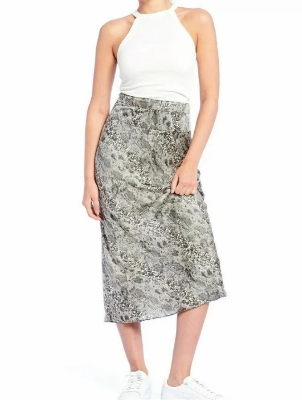 Free People Normani Bias Printed Midi Skirt Gray Snakeskin Size 2